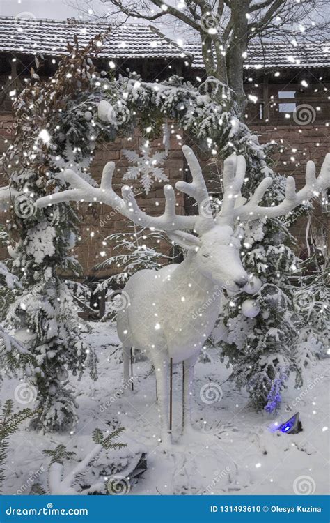 White Christmas Deer in the Snow. Decoration Stock Photo - Image of ...