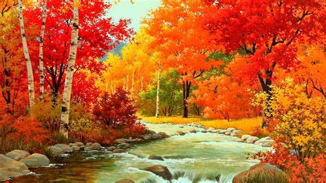 Autumn River Painting Download wallpaper | nature and landscape | Wallpaper Better