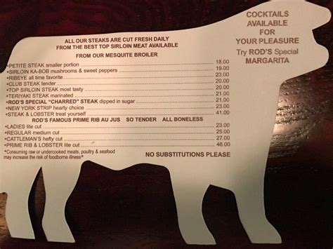 Menu at Rod's Steak House steakhouse, Williams