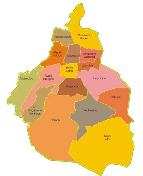 Map of Mexico City 16 districts (delegaciones) & neighborhoods (colonias)