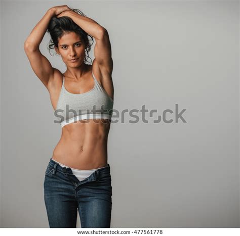 Powerful Athletic Woman Poses Arms Above Stock Photo 477561778 ...