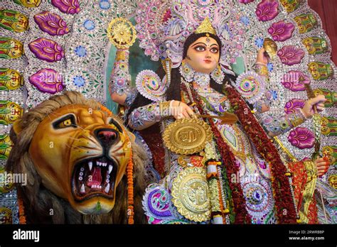 Goddess devi Jagadhatri idol decorated at a puja pandal in Kolkata ...