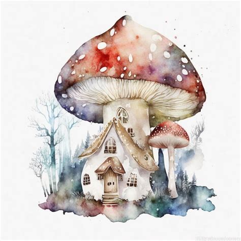 Premium Photo | A watercolor painting of a house with a mushroom on it.