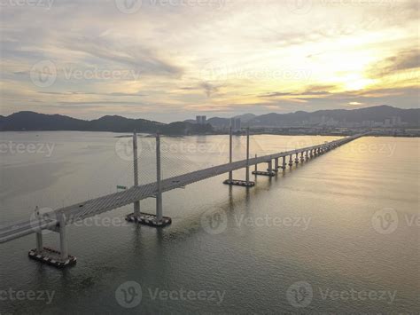 Aerial view sunset Penang Second Bridge. 6685749 Stock Photo at Vecteezy