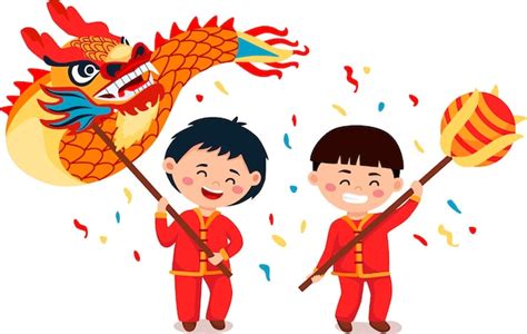 Premium Vector | Chinese new year festival. two little boys dancing dragon dance