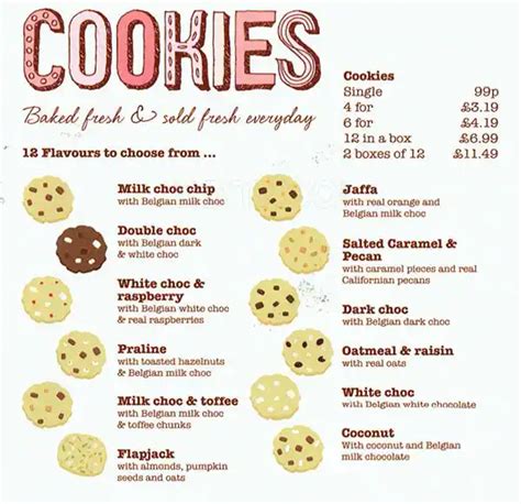 Menu at Millie's Cookies restaurant, Glasgow, 55 St Enoch Square