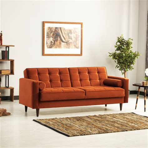 mid-century modern william burnt orange velvet sleeper sofa - ash0451