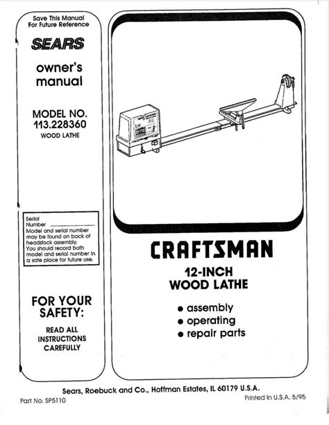 1995 Craftsman 113.228360 12-inch Wood Lathe Owners Manual Instructions ...