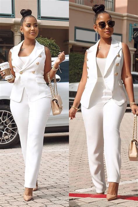 Fashion Button Vest White Two-piece Pants Suit | Woman suit fashion, Classy work outfits, Classy ...