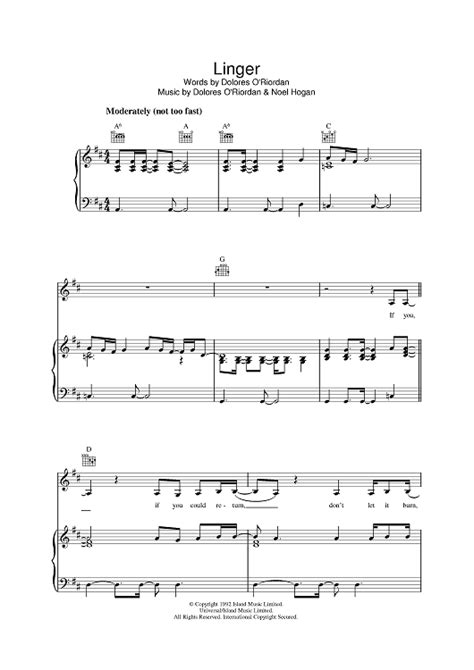 Buy "Linger" Sheet Music by The Cranberries for Piano/Vocal/Chords