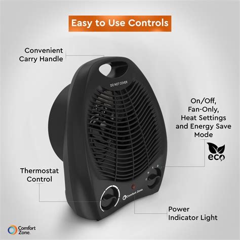 Comfort Zone Up to 1500-Watt Fan Compact Personal Indoor Electric Space ...