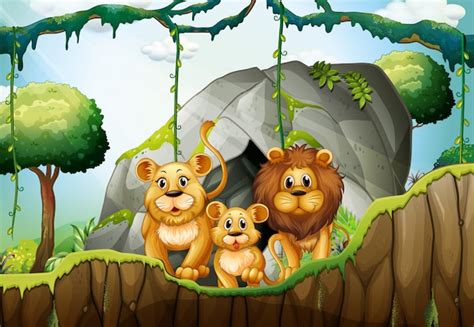 Premium Vector | Lion family living in the jungle