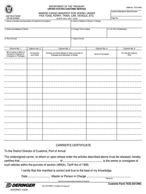 Fillable Online INWARD CARGO MANIFEST FOR VESSEL UNDER (INSTRUCTIONS ...