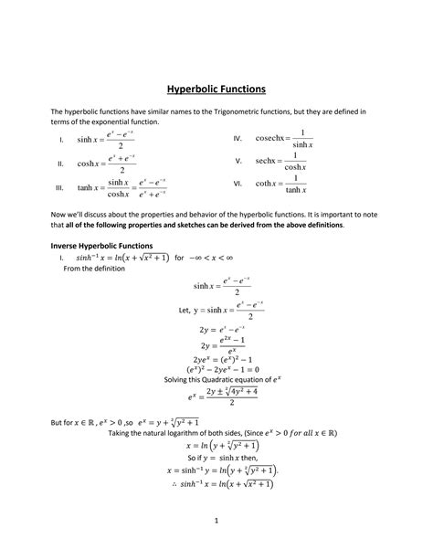 SOLUTION: Calculus + hyperbolic functions (Inverse Hyperbolic Functions, Properties of ...