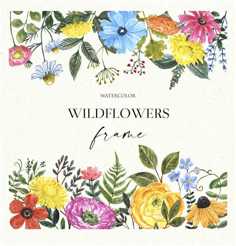 Wildflowers Frame Floral Border Clipart Watercolor Wild | Etsy