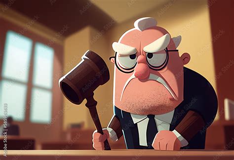 Cartoon character judge with a judge gavel in courtroom. Angry cartoon ...