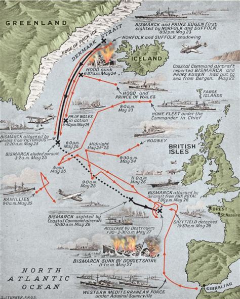 Sinking the Bismarck – Map of the last voyage of the Bismarck ...