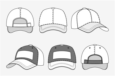 Baseball cap front back and side view outline vector template By ...