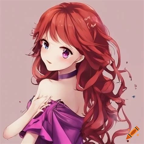 Anime girl with long curly red hair and purple eyes on Craiyon