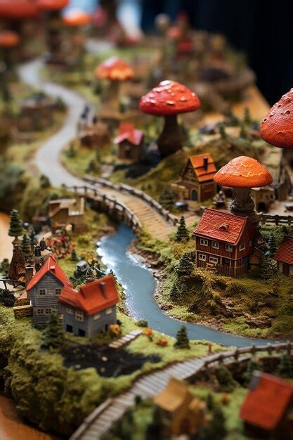 Premium AI Image | a close up of a miniature village on the surface of a mushroom with tiny ...