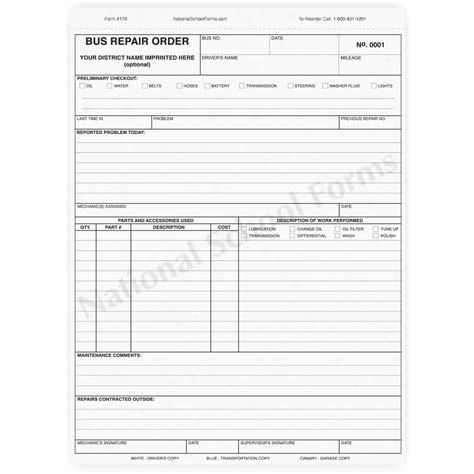 Bus Repair Order - 3 part form - NationalSchoolForms.com