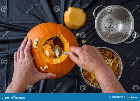 Pumpkin Seed Harvesting, Womanâ€™s Hand Scooping Seeds Out of Fresh Pumpkin with a Spoon Stock ...