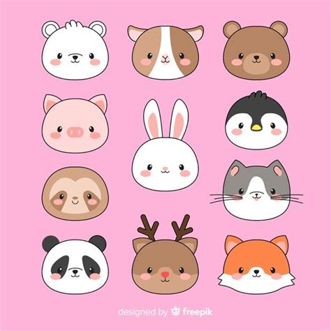 Collezione di facce di animali kawaii disegnati a mano | Vettore ...