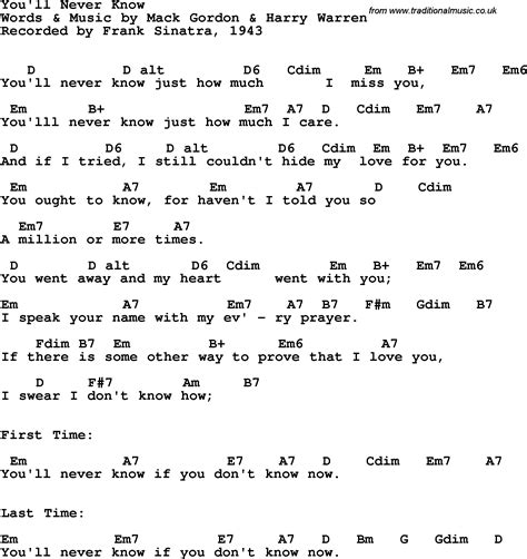 Song lyrics with guitar chords for You'll Never Know - Frank Sinatra, 1943