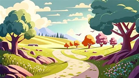 Big Tree Grass Field Cartoon Illustration Powerpoint Background For Free Download - Slidesdocs