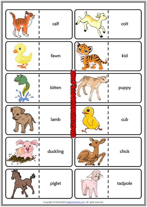 Baby Animals ESL Printable Dominoes Game For Kids