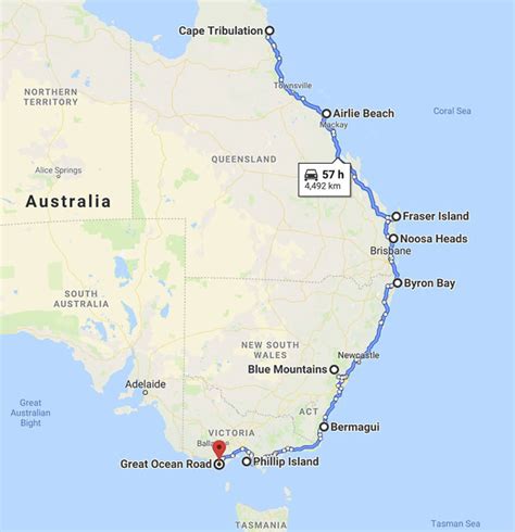 East Coast Road Map Of Australia