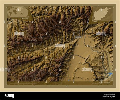 Parwan, province of Afghanistan. Colored elevation map with lakes and ...