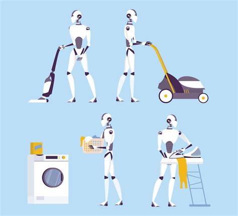 Premium Vector | Robot doing housework. robotic housekeeping. robot doing home cleanup, laundry ...