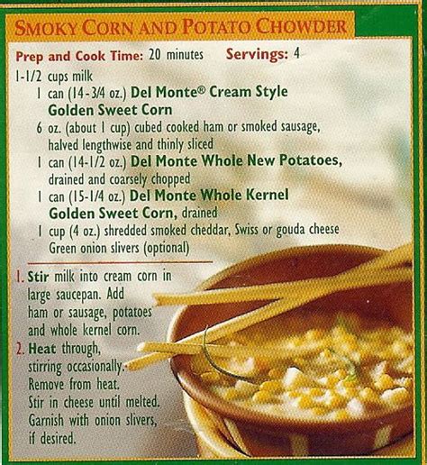 Del Monte's Smoky Corn and Potato Chowder - yes please! | Corn soup recipes easy, Corn soup ...