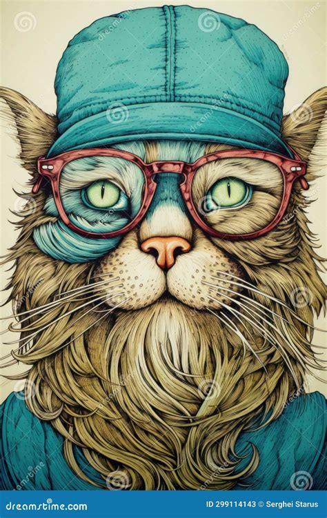 A Drawing of a Cat Wearing a Hat and Glasses, AI Stock Image - Image of smiling, sunglasses ...