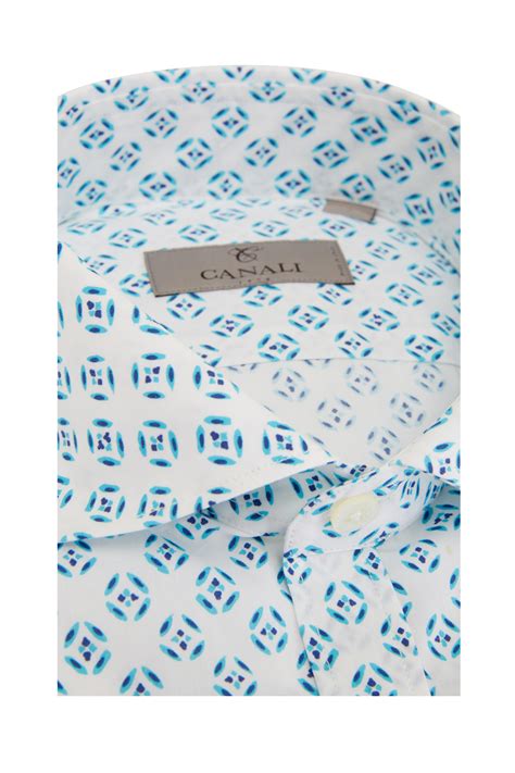 Canali - White & Blue Geometric Sport Shirt | Mitchell Stores