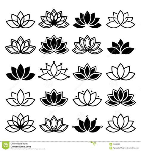 Photo about Black and white lotus flowers icons, different shapes and ...