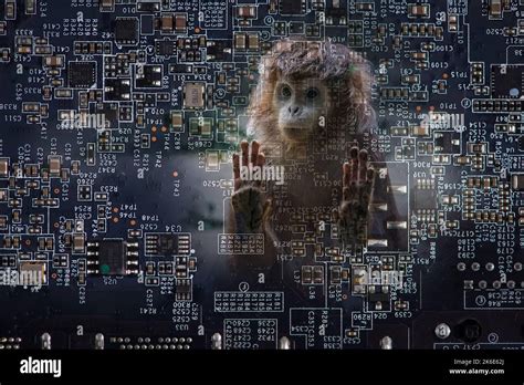 A monkey looks through transparent computer circuit board. Corporate social responsibility, IT ...