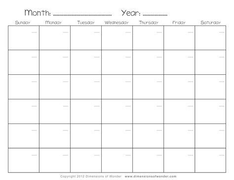 Printable Blank Monthly Calendar Template