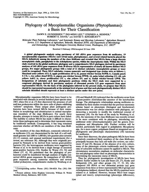 (PDF) Phylogeny of Mycoplasmalike Organisms (Phytoplasmas): a Basis for Their Classification