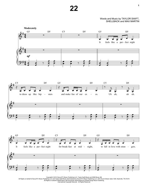 22 by Taylor Swift Sheet Music for Piano & Vocal at Sheet Music Direct