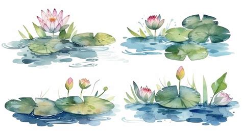 Premium AI Image | Set of watercolor lotus pond generative ai