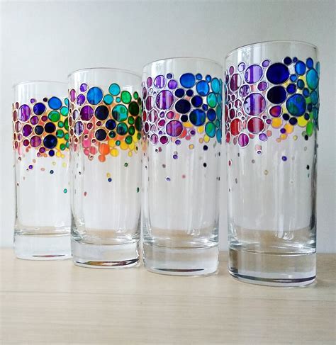 Rainbow drinking glasses set of 4 hand painted colored | Etsy