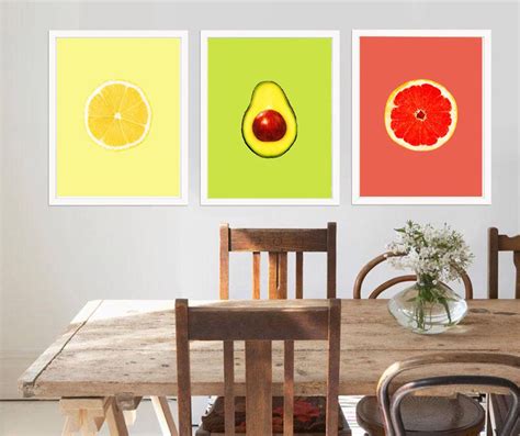 kitchen prints, kitchen wall art, set of 3 prints, lemon print, avocado ...