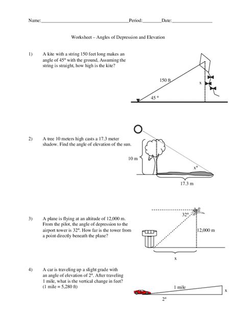 Fillable Online Solved Worksheet - Angles of Depression and Elevation 1 ...