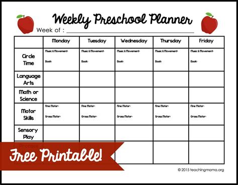 Weekly Lesson Plan Template for Preschool Lessons, Worksheets and Activities