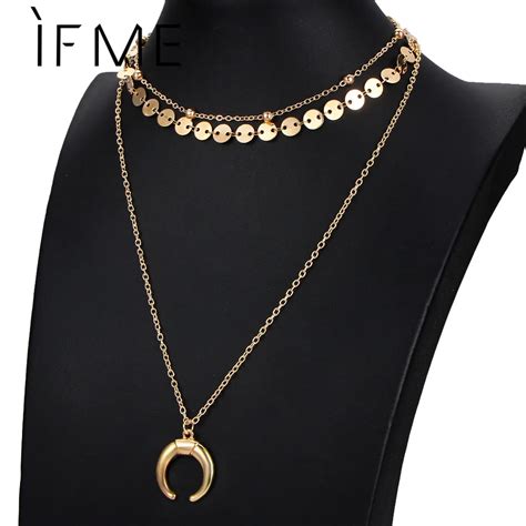 IF ME Vintage Moon Pendant Necklace Party Jewelry Round Long Multilayer ...