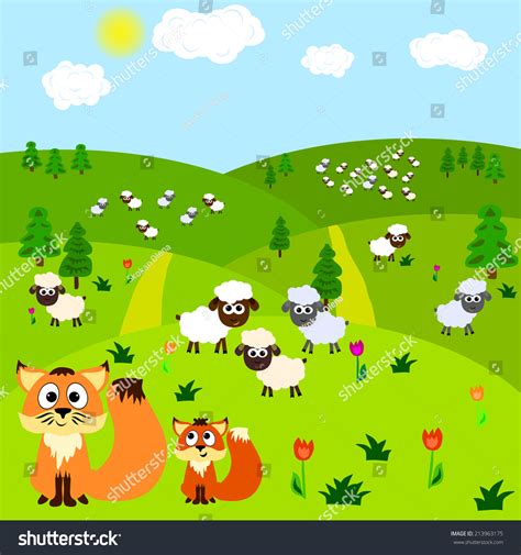 Cartoon Background Fox Sheep Vector Illustration: vector de stock ...