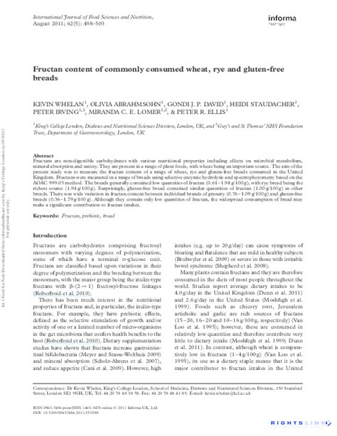 (PDF) Fructan content of commonly consumed wheat, rye and gluten-free breads | Heidi Staudacher ...