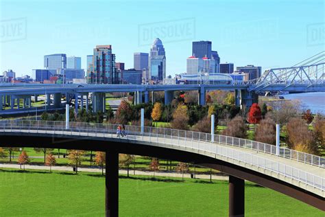 Louisville, Kentucky skyline with pedestrian walkway in front - Stock ...